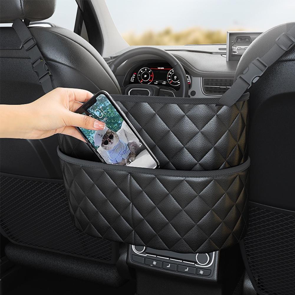 Car Seat Middle Storage Bag PU Leather Large Capacity Leather Bag Seat Back Storage Bag Water Cup Pockets Stowing Tidying