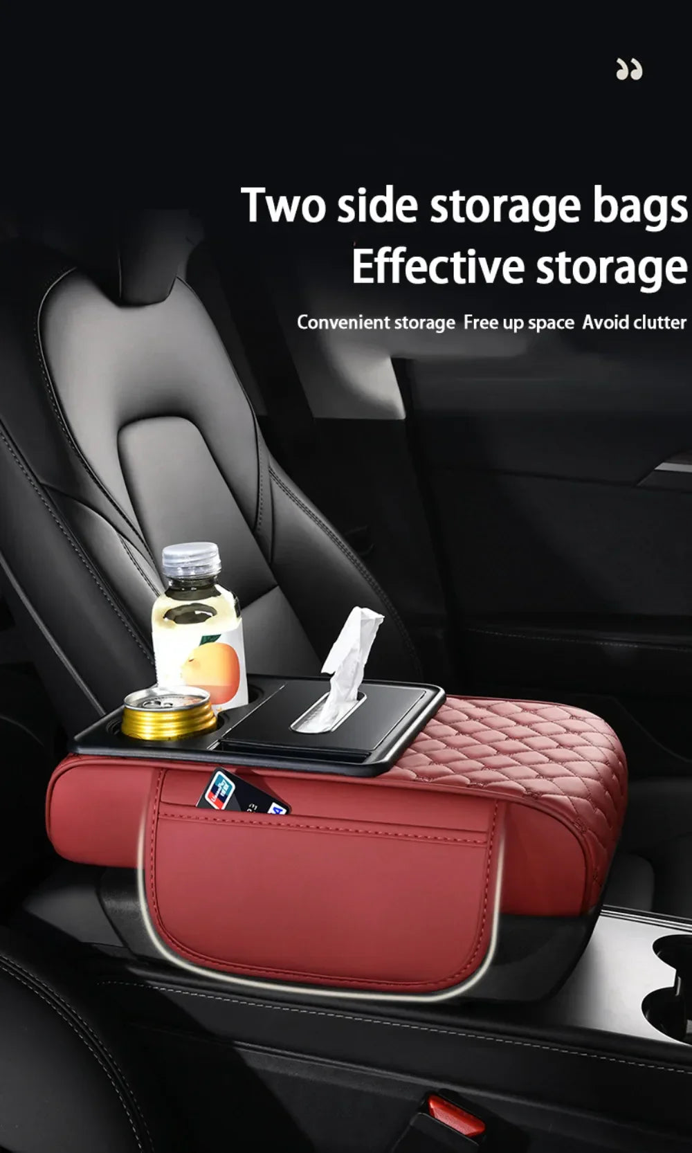 Portable Center Console Armrest Cushion PU Leather Multifunctional Armrest Pad Height Increasing with Cup Holder Tissue Box