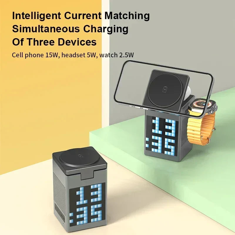 6-in-1 multifunctional wireless fast charging Bluetooth speaker alarm clock cartoon pixel for charging mobile phones/watches