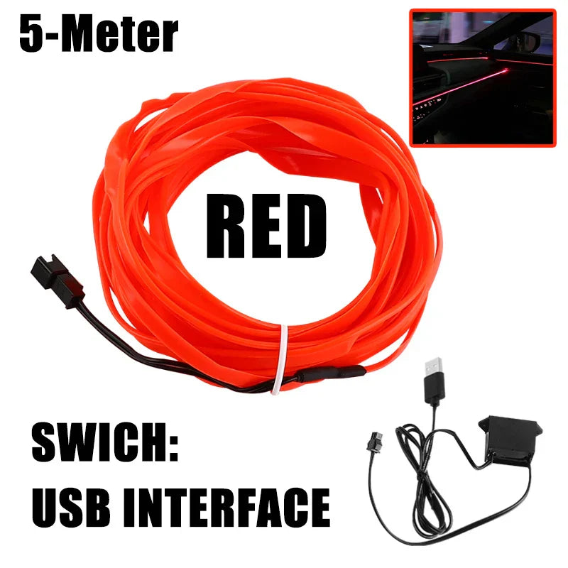 5m Car Interior Ambient Light USB/Cigarette Lighter Flexible Atmosphere Led Light Strip Universal Single-Color Auto Neon Lamp