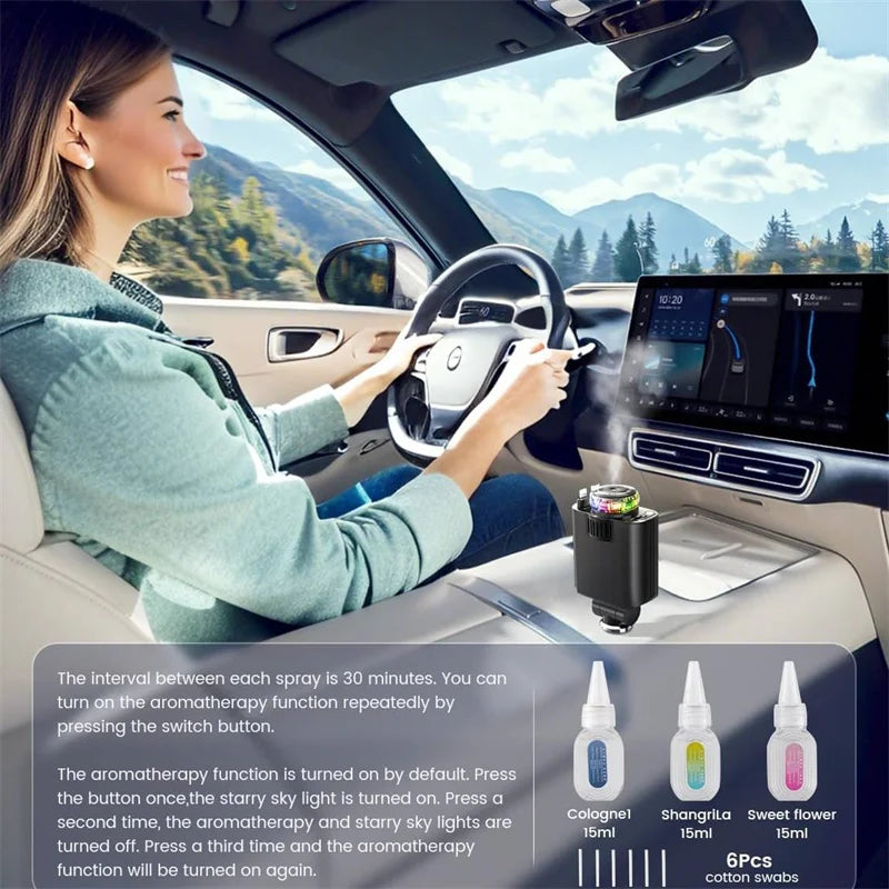 45W 5 In 1 Car Charger With Retractable Cable& Air Freshner USB/Type C Aroma Starlight Car Adapter USB/Type C PD3.0 For Phone