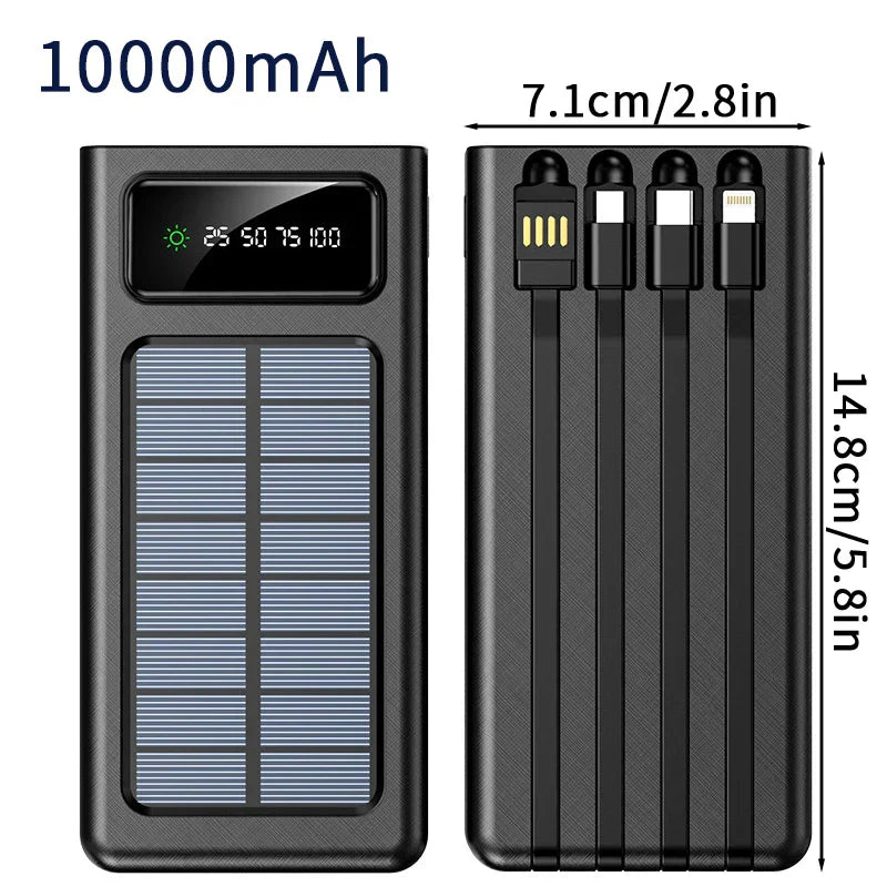 20000/30000mAh  Solar Power Bank LED Light   Large Capacity Fast Charging Battery With 4-Cables Outdoor Power Bank