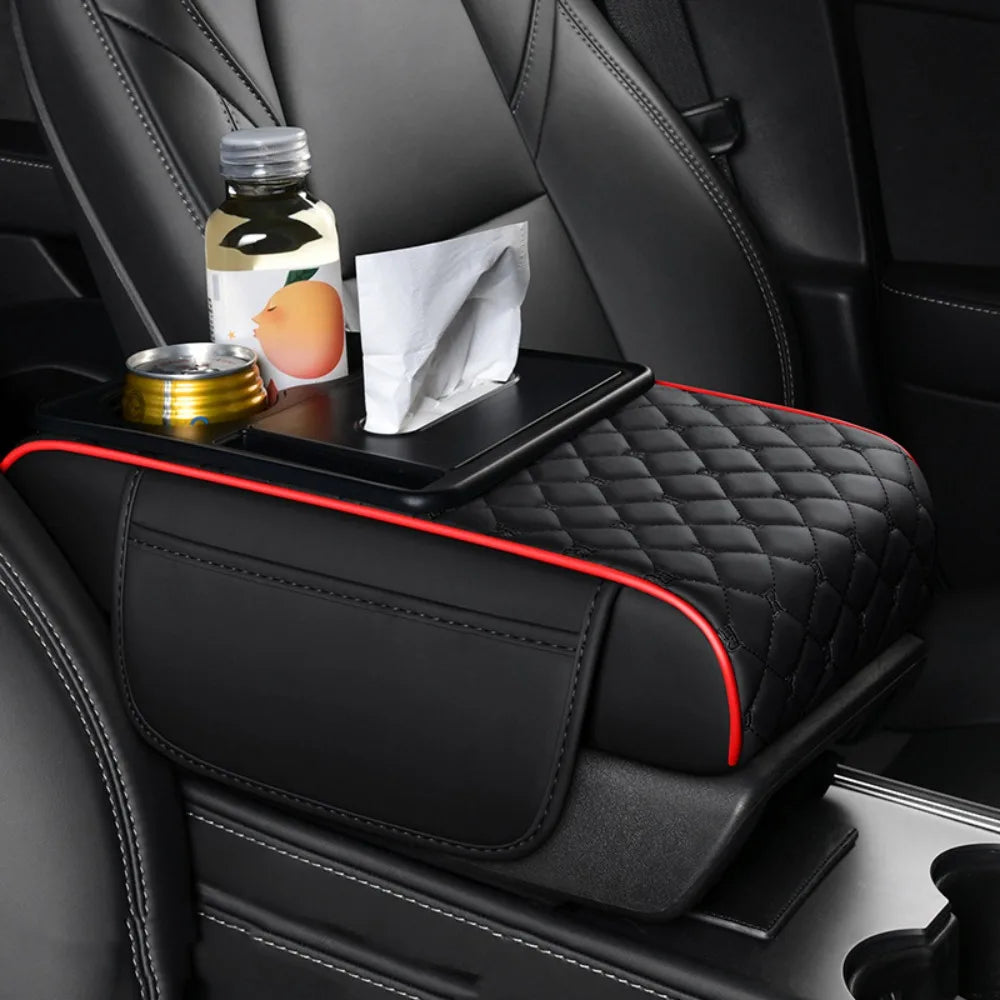 Portable Center Console Armrest Cushion PU Leather Multifunctional Armrest Pad Height Increasing with Cup Holder Tissue Box