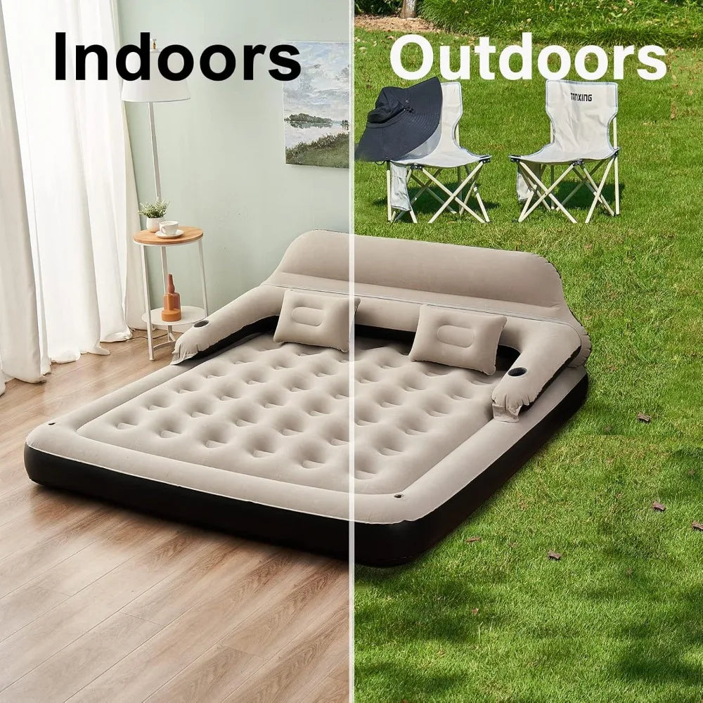 Hot-Sell! - Queen Size Air Mattress Sofa Bed with Headboard and Pillow, Inflatable Bed for Outdoor Overnight