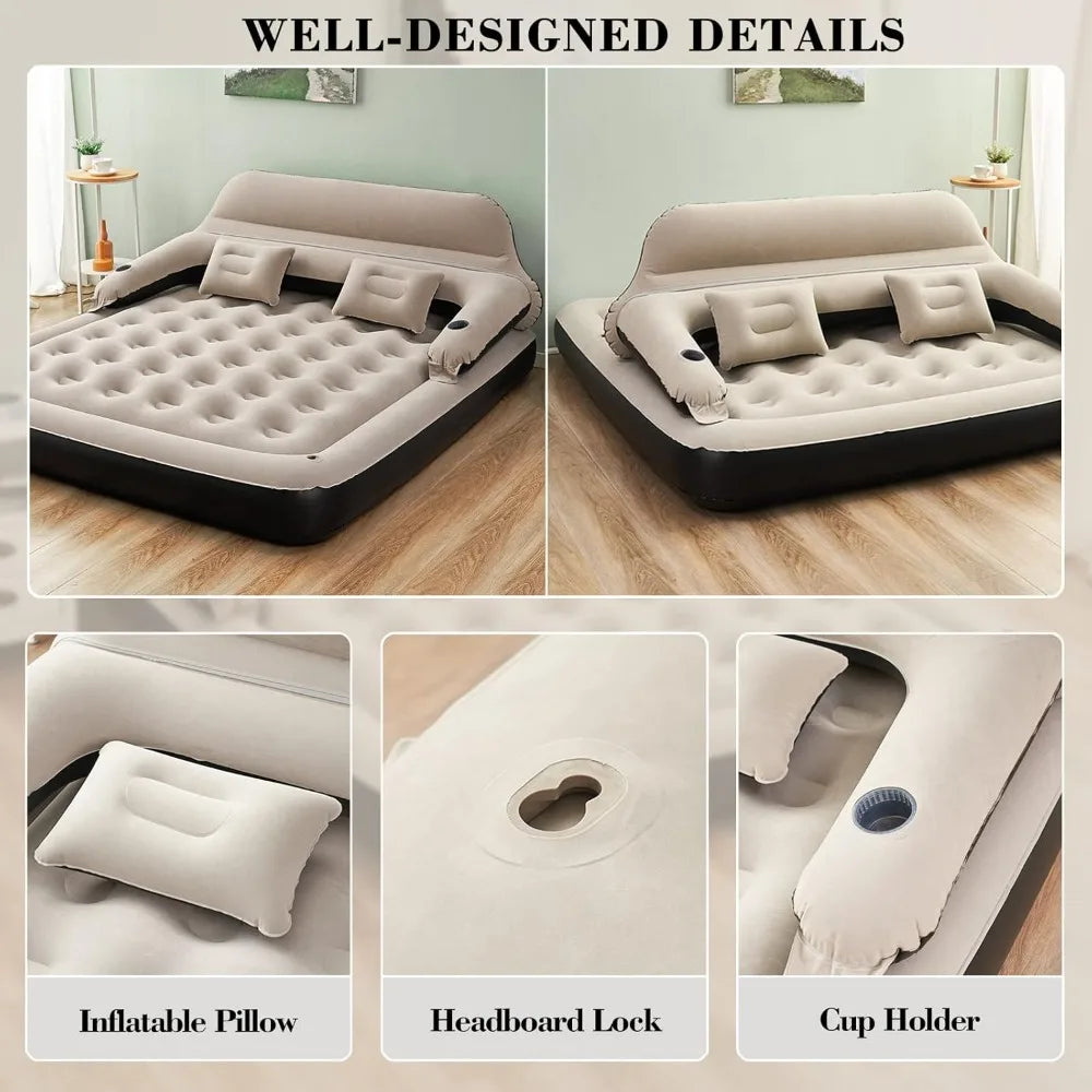 Hot-Sell! - Queen Size Air Mattress Sofa Bed with Headboard and Pillow, Inflatable Bed for Outdoor Overnight